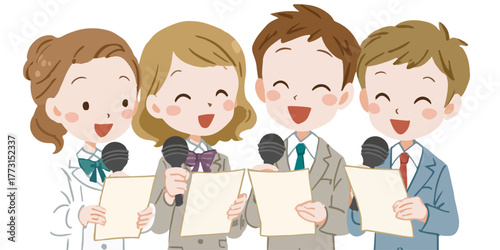 Grupo de jovens cantando em coro com microfones e partituras, expressando alegria e união.