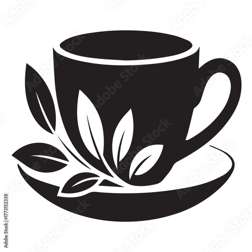 Elegant illustration of a teacup and saucer adorned with leaves, isolated on white background, showcasing a blend of nature and sophistication in a minimalist design
