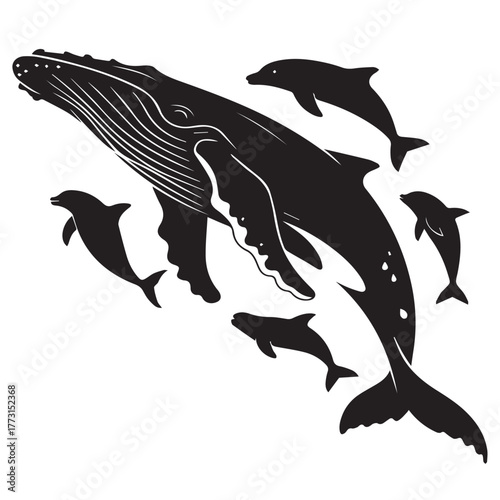A majestic humpback whale swims gracefully, surrounded by playful dolphins in a captivating marine scene isolated on white background the whales silhouette contrasts beautifully with the dolphins
