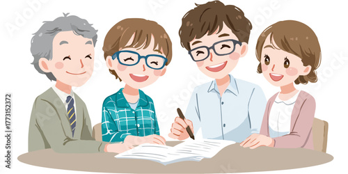 Um grupo de pessoas sorrindo e colaborando em torno de uma mesa com documentos.