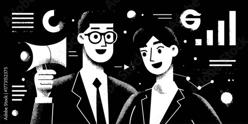 Duas pessoas em terno, uma com megafone, em frente a gráficos e dados, simbolizando comunicação e análise de negócios.