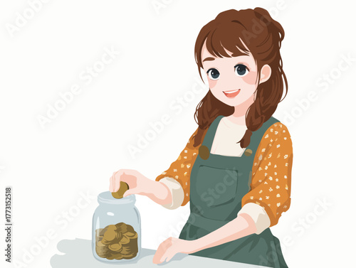 Jovem colocando moedas em um pote de vidro, economizando dinheiro para o futuro, conceito de finanças.