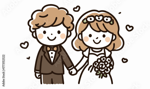 Casal de noivos feliz de mãos dadas em um dia de casamento com corações ao redor, ilustração vetorial.