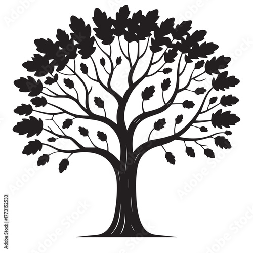 A majestic oak tree with lush foliage stands tall, its branches reaching towards the sky isolated on white background, showcasing natures beauty and strength