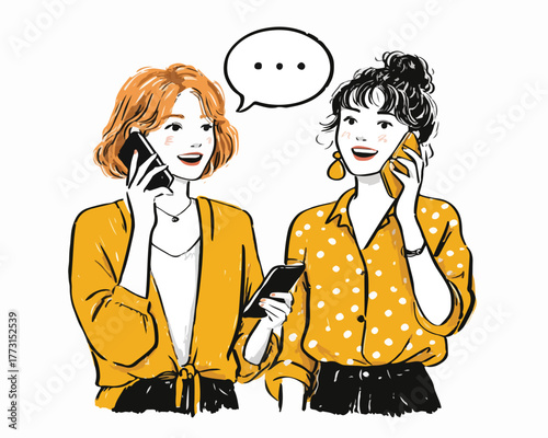 Duas jovens amigas conversando animadamente ao telefone em um dia ensolarado, comunicação moderna.