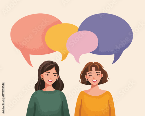 Duas mulheres sorrindo com balões de fala coloridos acima de suas cabeças, representando comunicação.