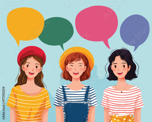 Três jovens mulheres sorrindo e com balões de fala coloridos acima de suas cabeças, representando comunicação e ideias.