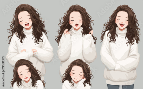 Conjunto de ilustrações vetoriais de uma jovem feliz expressando diferentes emoções e poses com um suéter branco.