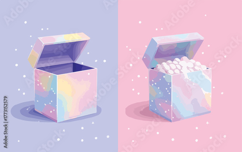 Caixa de presente aberta com confetes coloridos, um lado vazio e outro cheio de bolas