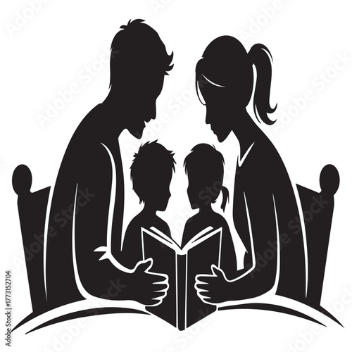 A family of four is depicted in silhouette, gathered together and engrossed in reading a book, creating a heartwarming scene of togetherness and shared learning, isolated on white background