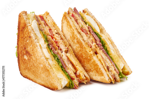 Indulge in a Delicious Club Sandwich featuring Crispy Layers of Flavorful Meat and Fresh Vegetables