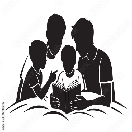 A family of four is depicted in silhouette, gathered around a book, with one child pointing at something within its pages, creating an intimate and engaging moment, isolated on white background
