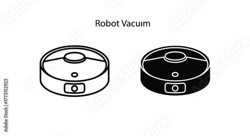 Vector illustration of a smart robot vacuum cleaner, shown as a line art icon and a solid black silhouette.
