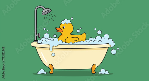 Cartoon rubber ducky in a bathtub with bubbles under a shower head.