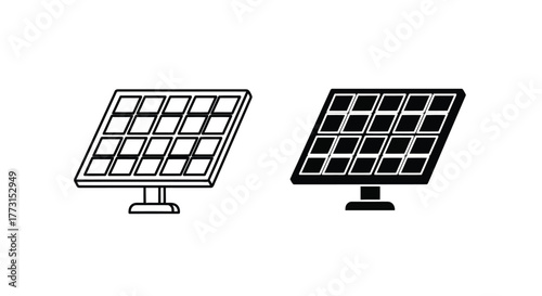 Solar Panel Icon Set (Outline and Glyph Style) - Renewable Energy and Green Power Symbol