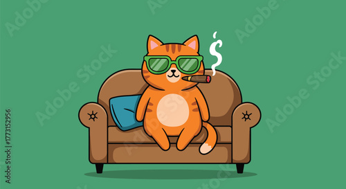 A cool orange cartoon cat wearing sunglasses and smoking a cigar while relaxing on a brown sofa.