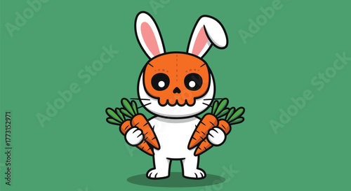 Cartoon rabbit with skull mask holding carrots on green background.
