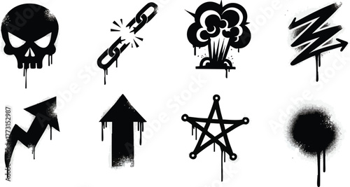 Collection of Black Spray Paint Style Icons and Symbols.