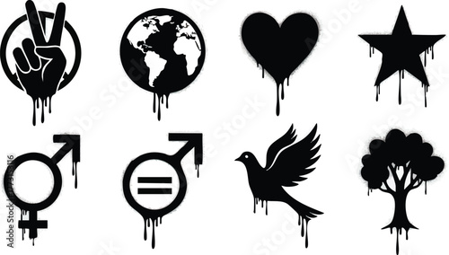 Black spray paint symbols of peace earth heart star gender equality dove and tree.