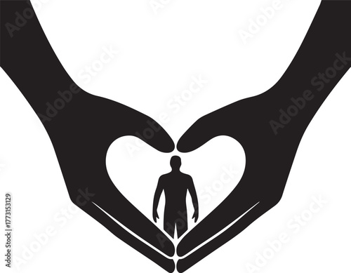 Silhouette of two hands forming a heart shape symbolizing compassion and human dignity