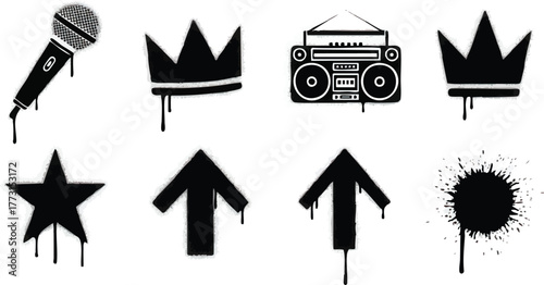 Graffiti art collection of microphone crown boombox star and arrows.