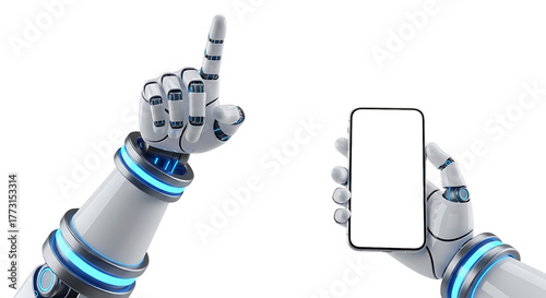 Robot hand pointing and holding a smartphone isolated on transparent background
