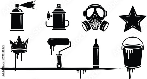 Graffiti art tools and equipment stencil style black and white illustration.
