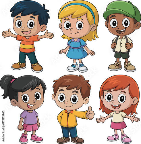 Cartoon children group illustration, diverse kid characters, smiling expressions, colorful outfits, friendly poses, educational theme, vector artwork, inclusive design