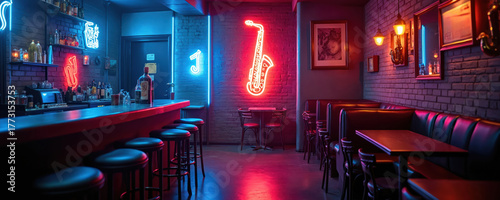 Neon lights illuminate empty jazz bar interior. Saxophone sign glows above tables. Stools line bar counter near liquor bottles. Brick walls add vintage mood. Dark lounge modern stylish bright club