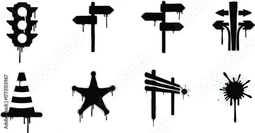 Set of eight dripping ink silhouette icons representing various road signs and symbols.