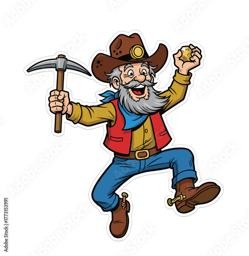 Cartoon prospector holding gold nugget, miner character with pickaxe, joyful discovery pose, beard and hat, vector illustration, treasure hunt artwork
