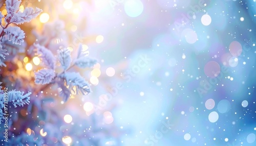 冬 雪 氷 霜 葉 枝 ボケ 光 玉ボケ ブルー 白 パステル 幻想的 神秘的 きらめき 静寂 冷たい 清らか 背景 淡い