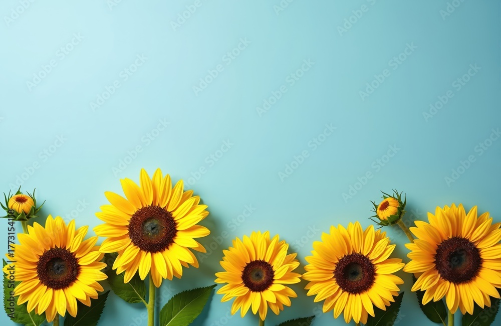 Fototapeta premium Group of sunflowers arranged on a light blue backdrop. Vibrant yellow petals and dark brown centers stand out. Offers ample blank space for text or graphic overlays.