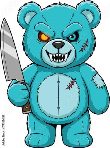 Cartoon blue teddy bear with knife, scary plush character, stitched horror toy, angry expression, glowing eye, vector illustration, creepy design