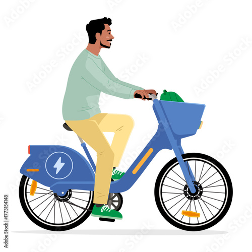 Confident Brazilian Portuguese Man Riding Electric Bike Rental with Basket - Eco-Friendly Vector Illustration in Europe on Transparent Background