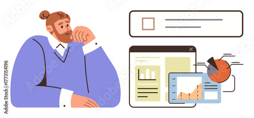 Businessman contemplating strategy beside statistical data, charts, and graphs. Ideal for business, data analysis, decision-making, planning, technology statistics strategy. Simple flat metaphor