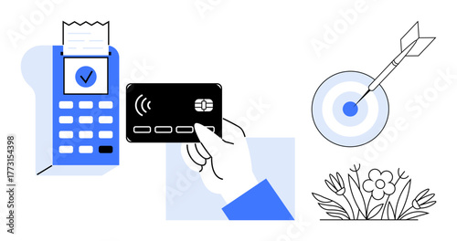 Hand holding credit card near POS terminal, dart hitting bullseye, and blooming flowers. Ideal for digital economy, payment systems, goals, achievements, business growth, nature simple flat metaphor