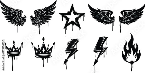 Set of black graffiti stencil symbols with dripping paint effect.