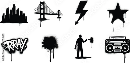 Urban Graffiti Art Elements Collection Cityscape Bridge Lightning Star Spray Splatter Artist Boombox.