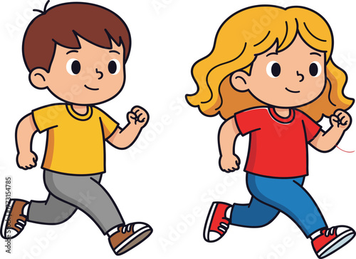 Cartoon children running illustration, boy and girl in motion, playful activity vector, energetic pose, fun childhood artwork, exercise concept design