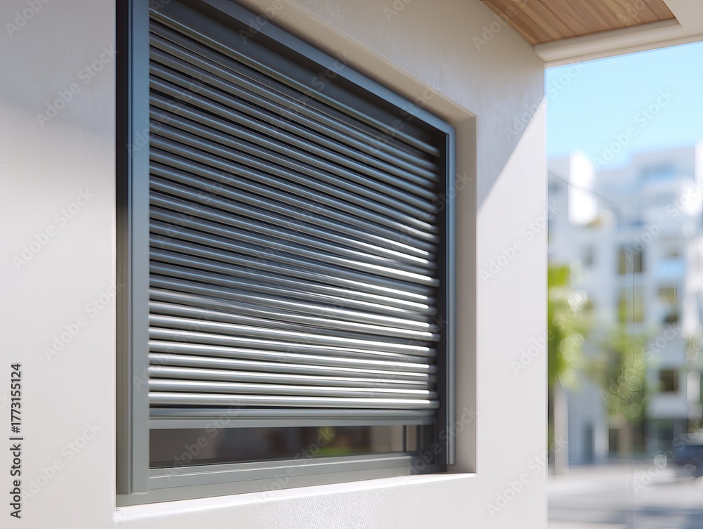 Fototapeta premium Window with closed roller shutter for security and privacy.