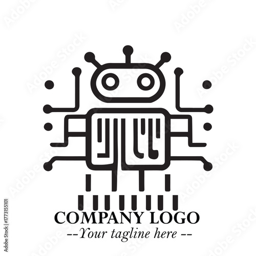 Circuit Robot Logo Symbol in Black on the White Background with Futuristic Tech Design
