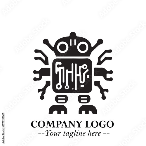Circuit Robot Logo Symbol in Black on the White Background with Futuristic Tech Design
