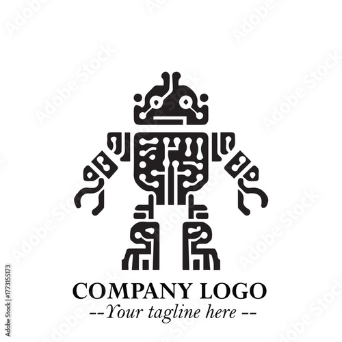 Circuit Robot Logo Symbol in Black on the White Background with Futuristic Tech Design
