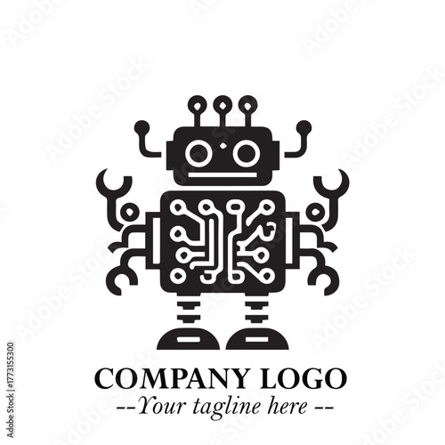 Circuit Robot Logo Symbol in Black on the White Background with Futuristic Tech Design
