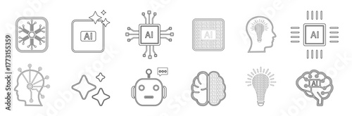 AI concept line icon set. Artificial intelligence icons in outline style. vector symbol showing Neural network ,  Generative AI chip, creative mind, idea sparkle, machine and self learning ( Isolated)
