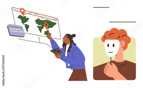 Woman uses tablet and points at map with geographic markers and person holds happy mask. Ideal for data analysis, global communication, identity, emotion, exploration, tech, simple flat metaphor