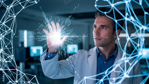 Man in lab coat interacts with glowing network, surrounded by futuristic technology