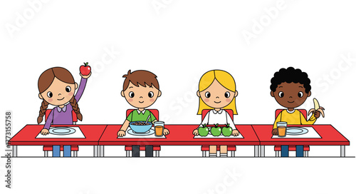 Cartoon children eating healthy food, breakfast and fruit illustration, nutrition education concept, classroom meal scene, vector artwork, cheerful kids design