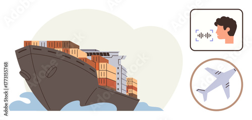 Cargo ship with containers, face with sound wave for voice recognition, airplane symbolizing global trade, logistics, technology, and innovation. Ideal for shipping, AI, transport communication